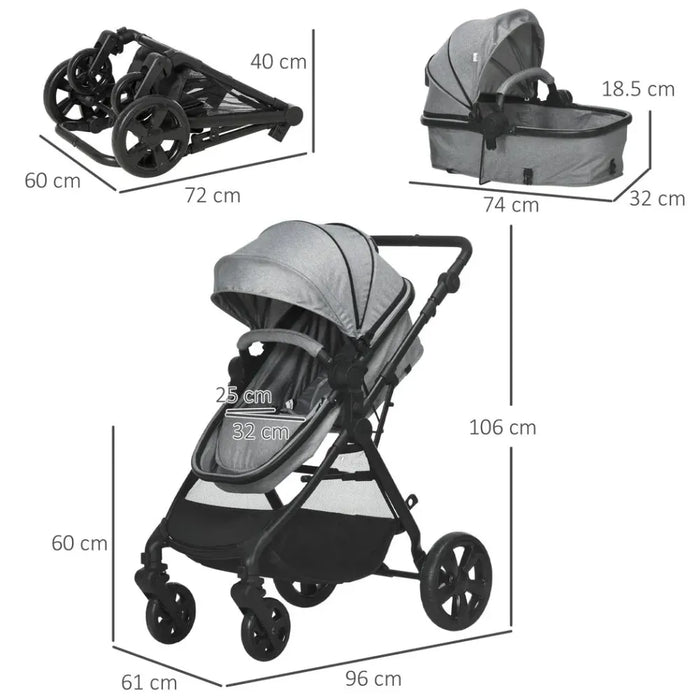 Foldable Baby Pushchair w/ Fully Reclining Backrest From Birth to 3 Years- Gey