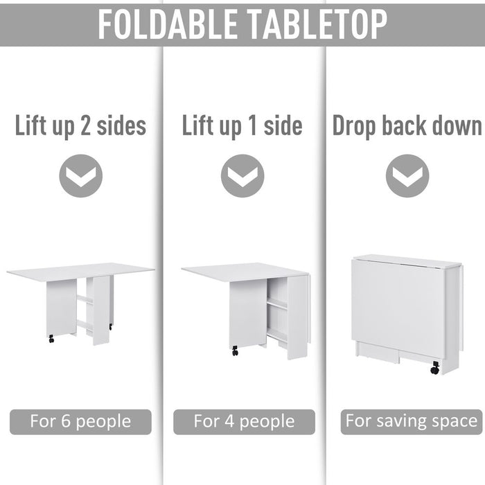 Space-Saving Folding Desk Table | Mobile Drop Leaf | Wheel Storage Shelves | White