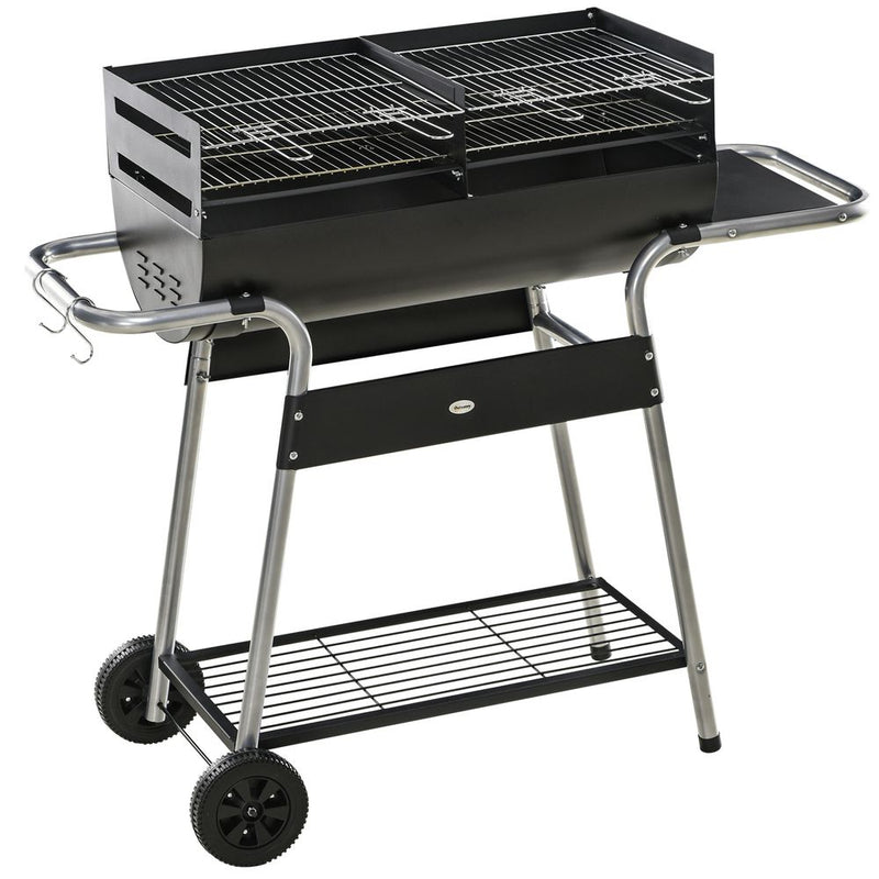 Outsunny Charcoal BBQ Grill - Double Grill, Table, Storage Shelf & Wheels - High-Quality Steel
