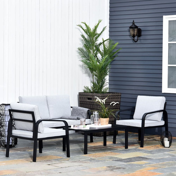 Outdoor Patio Dining Set - 4 Pcs, 2 Chairs, Sofa, Glass Top Table, Foam Cushions - Grey/Black