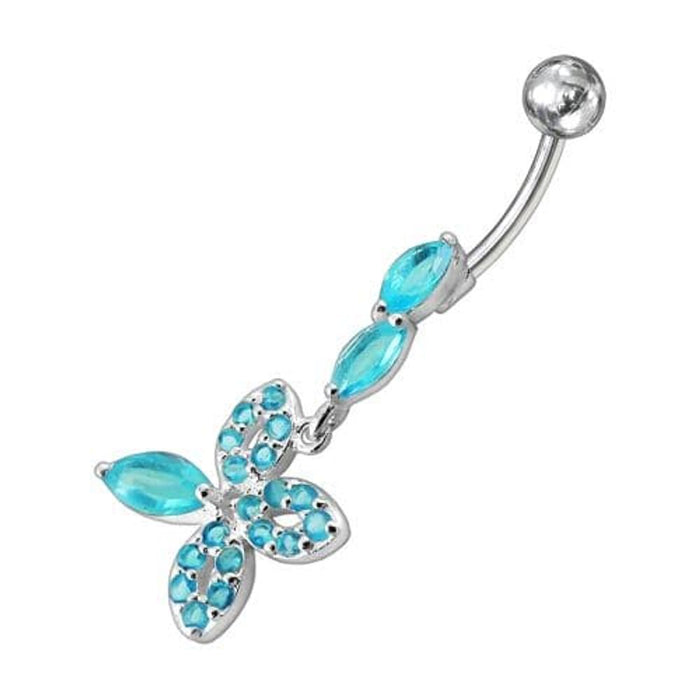 Fancy Silver Dangling Jeweled SS Curved Belly Ring