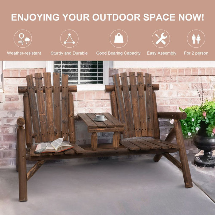 Outdoor Wood Patio Chair Bench | 2 Seats | Center Coffee Table | Garden Bench