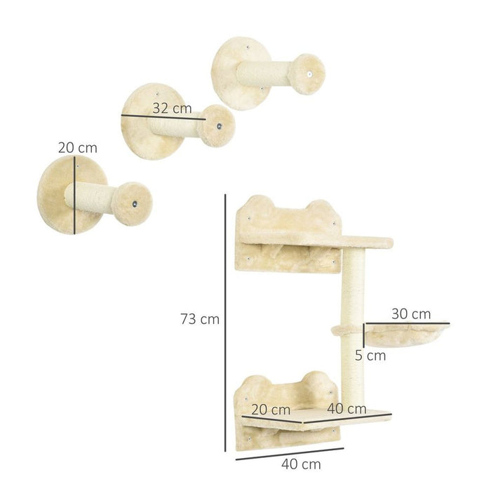 Premium Wall-Mounted Cat Tree - Beige, 4-Piece Set for Indoor Cats, Scratching Post, Hammock