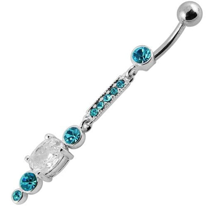 Silver Jeweled Fancy Dangling SS Bar Banana Navel Ring