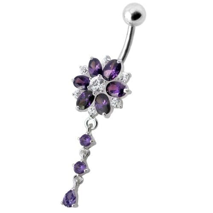 Flower Dangling Jeweled Navel Ring