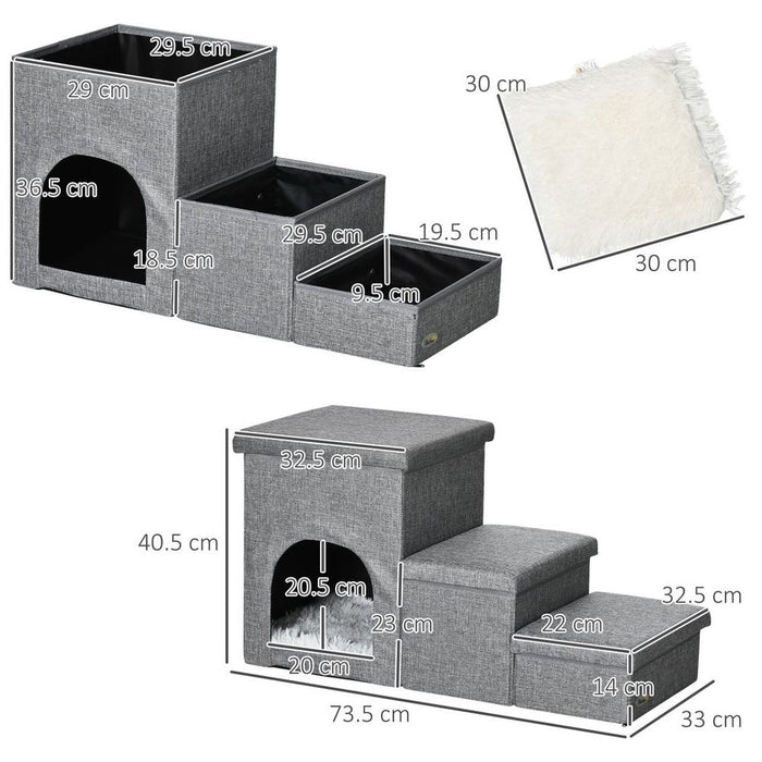 PawHut 3 Step Dog Steps w/ Cat House Storage Boxes - Grey, High-Quality & Multifunctional - Perfect for Beds & Sofas!