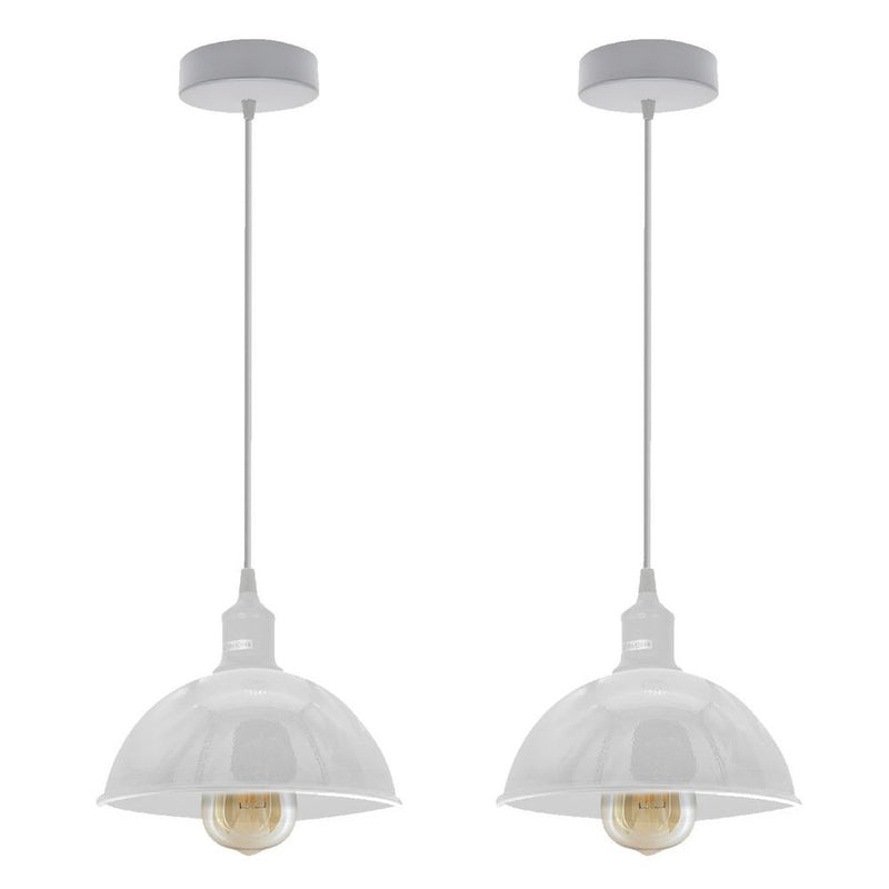 2Pack Dome Metal Pendant Lights | Sturdy, White Loft Style | Spray Painted Finish | Inner White | 21cm Bottom | High Quality