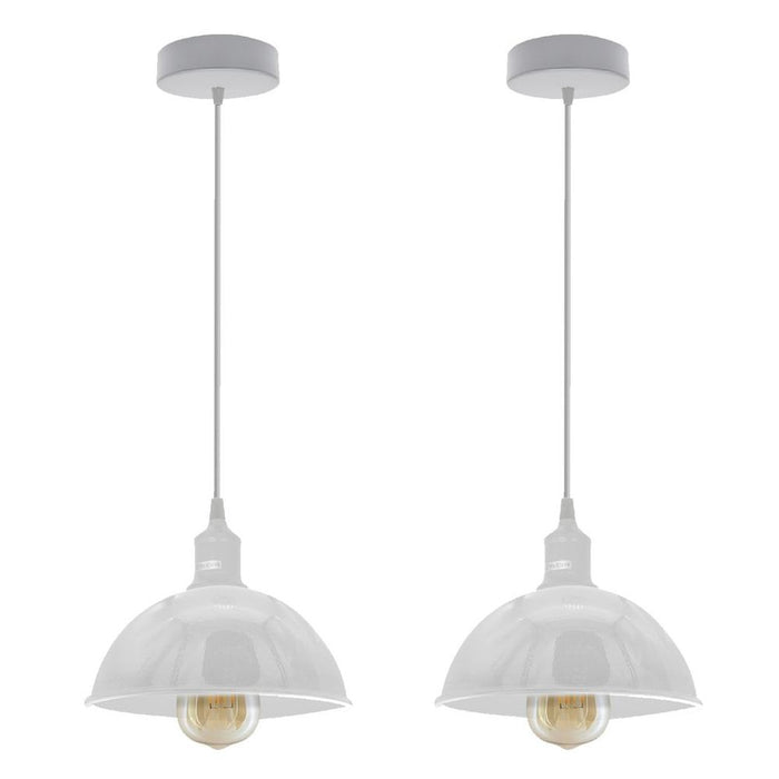 2Pack Dome Metal Pendant Lights | Sturdy, White Loft Style | Spray Painted Finish | Inner White | 21cm Bottom | High Quality