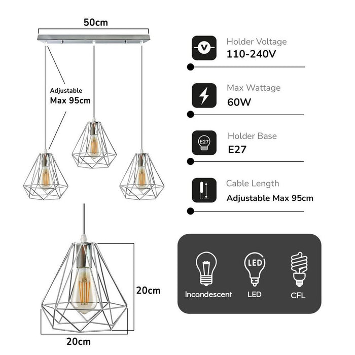 3 Head Rectangle Base Chrome Vintage Metal 20cm Diamond Wire Cage E27 Base Ceiling Pendant Light