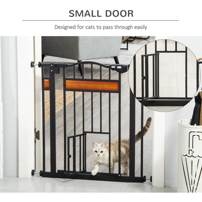 PawHut Dog Gate Pet Safety Gate W/ Cat Door Auto Close Pine Decor 74-80 centimeters Wide