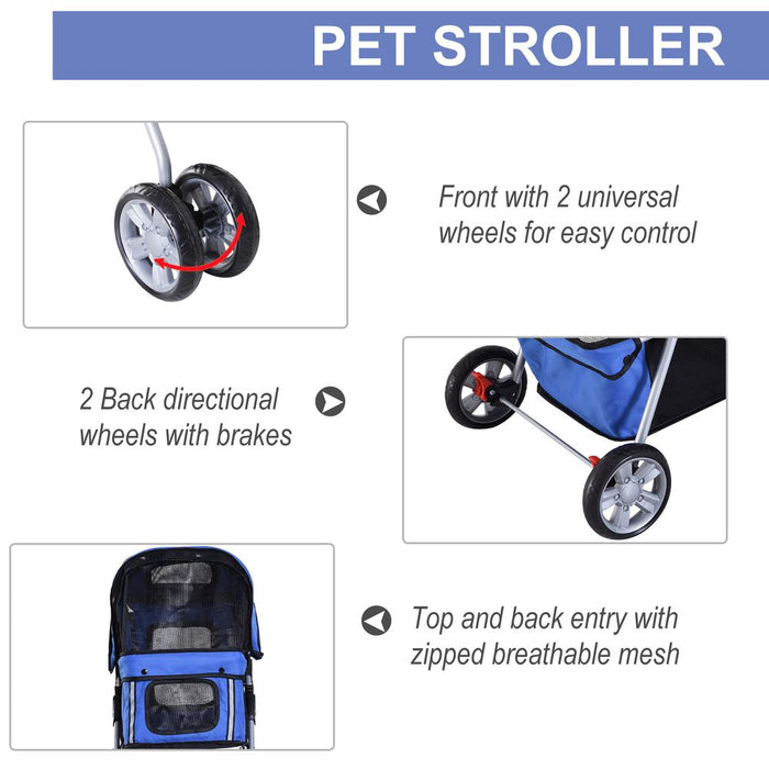 PawHut Pet Stroller for Small Dogs Cats Foldable Travel Carriage with Wheels Zipper Entry Cup Holder Storage Basket Blue