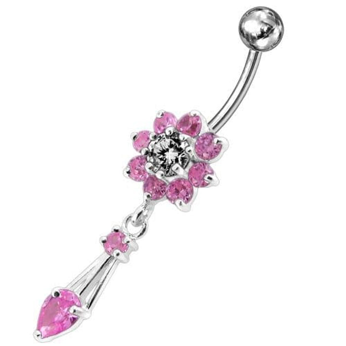 Jeweled Fancy Flower Dangling SS Banana Bar Navel Ring