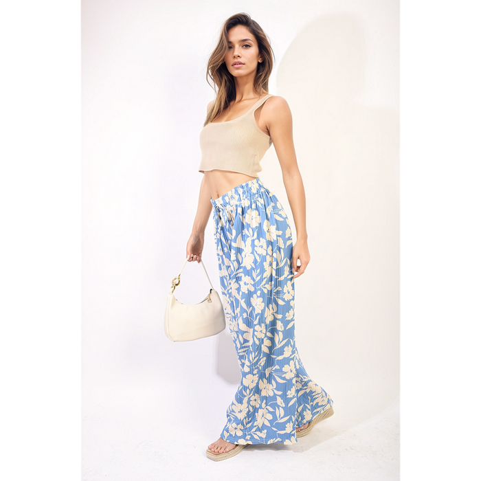 Pleated Wide Leg Floral Print Trousers