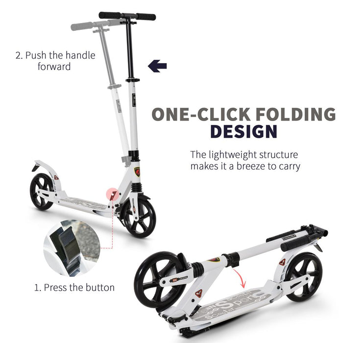 HOMCOM Folding Kick Scooter 2 Big Wheels Teens Adult 14+ Adjustable Ride On White