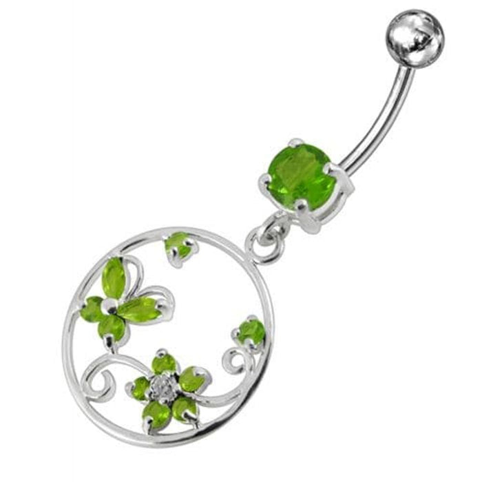 Jeweled Fancy Silver Dangling SS Curved Bar Belly Ring