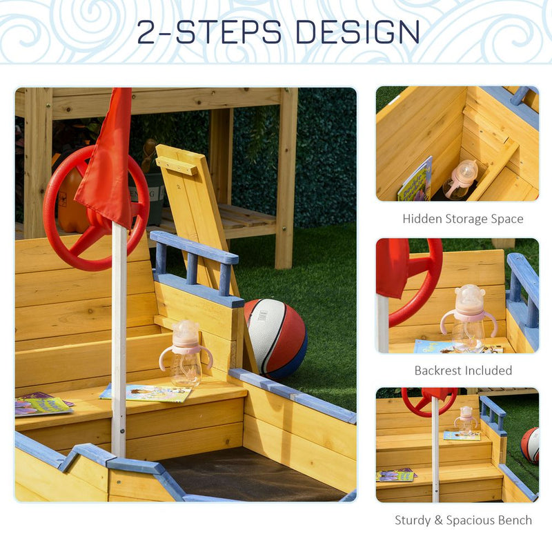 Kids Wooden Sandbox Pirate Ship Sandboat w/ Bench Seat Storage Space