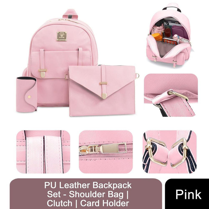 Aquarius Women PU Leather 3pcs Set - Pink Shoulder Bag, Clutch & Card Holder