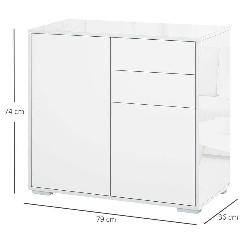 HOMCOM High Gloss Frame Sideboard, Side Cabinet, Push-Open Design with 2 Drawer for Living Room, Bedroom, White