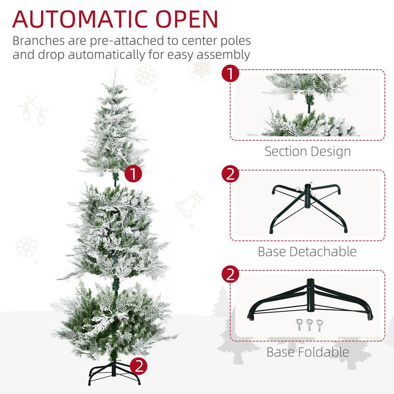HOMCOM 6 Ft Snow Flocked Artificial Christmas Tree Xmas Pine Tree with Realistic Branches, Auto Open and Steel Base, Green