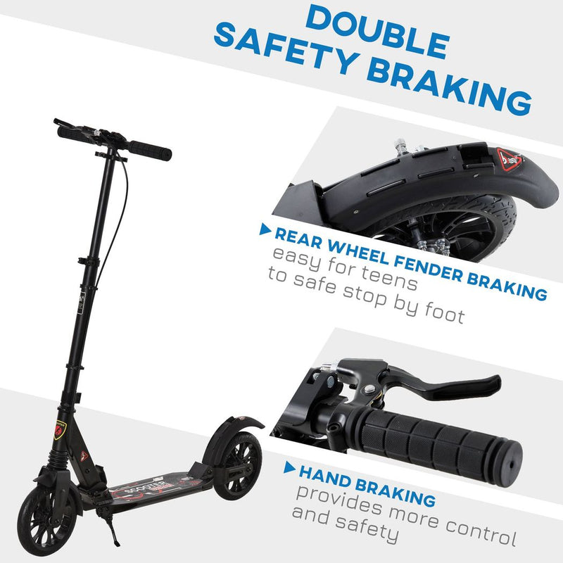 HOMCOM Adult Teens Kick Scooter Fold Adjust 14+ w/ Rear Wheel&Hand Brake Black