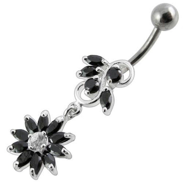 Fancy White Stone Jeweled Flower Dangling Navel Ring