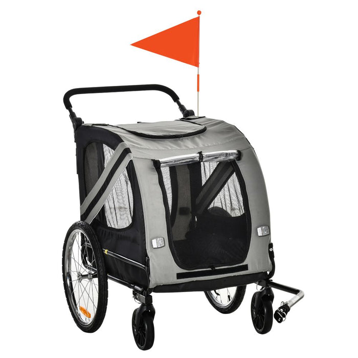 2-in-1 Dog Bike Trailer Pet Stroller w/ Reflectors - Grey. Durable Steel Frame. Large Dimensions for Medium Dogs. High-Quality.