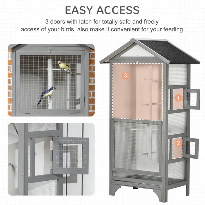 Premium Fir Wood Bird Aviary - Finch, Canary - Removable Tray - Asphalt Roof - Grey