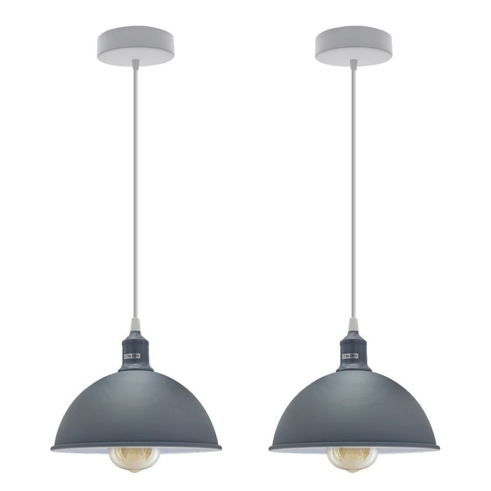 Grey Loft Style Metal Pendant Lights - 2 Pack, 21cm Dome Shaped Spray Finish, Inner White, Sturdy, E27 Bulb Socket