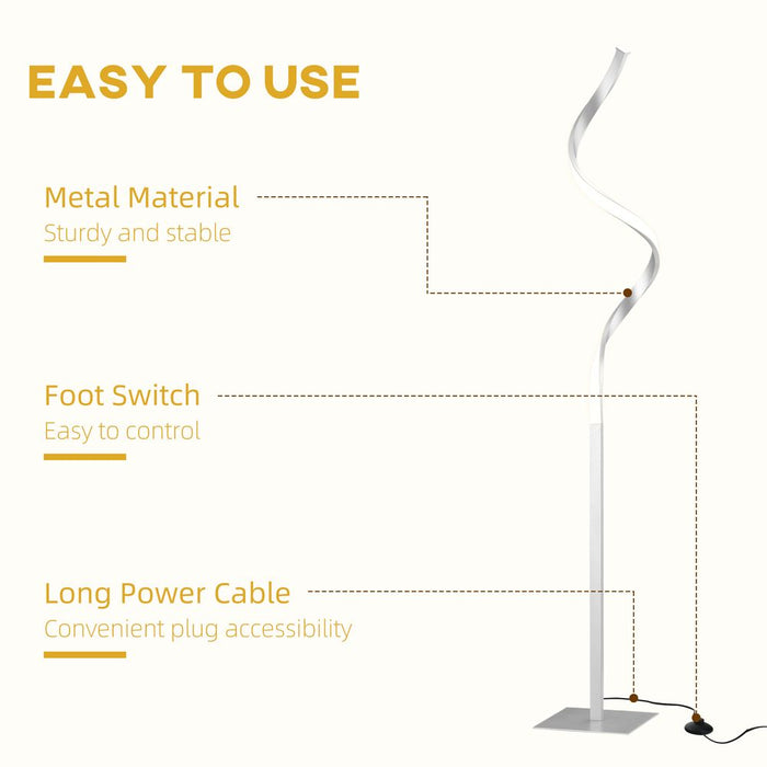 HOMCOM Dimmable Floor Lamp for Living Room, Modern Spiral Standing Lamp with 3 Adjustable Brightness and Square Base, Silver
