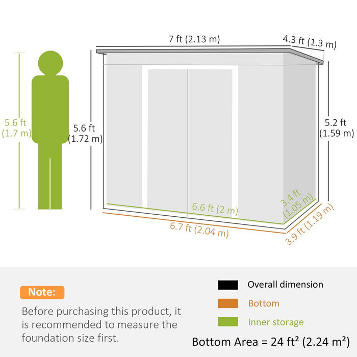 Outsunny 7 x 4ft Metal Garden Storage Shed w/ Double Door & Ventilation Grey