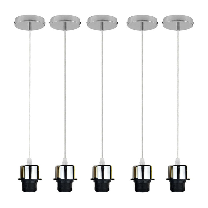 Industrial Chrome Pendant Light - 5 Pack, E27 Lamp Holder Set, PVC Cable. Add Lampshade. UK Holder. High-Quality.