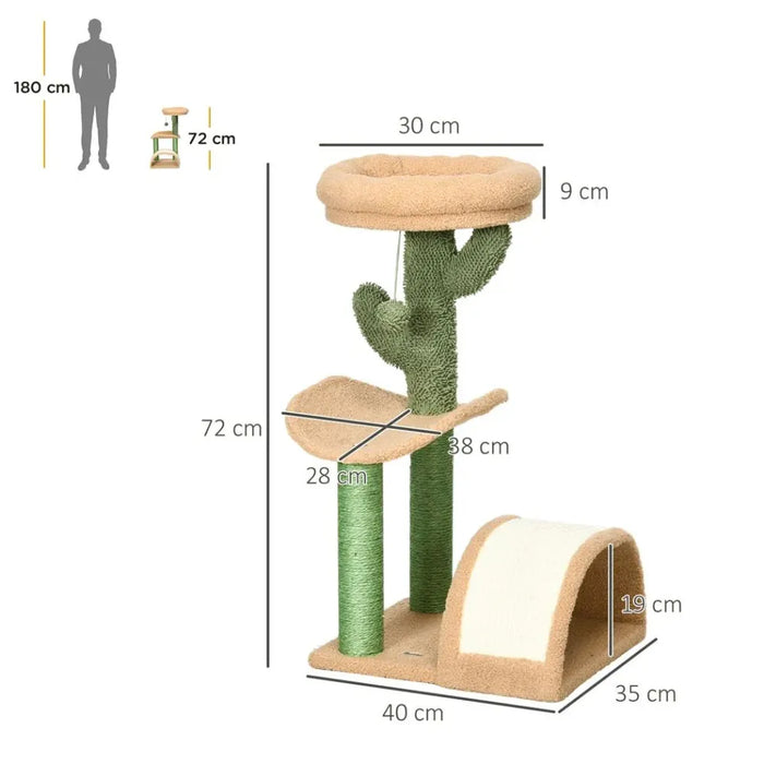 72cm Cat Tree w/ Bed, Toy Ball, Sisal Post, Curved Pad - Beige & Green