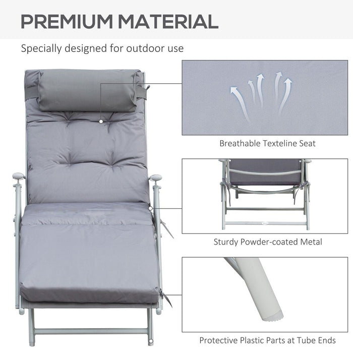 Premium Steel Frame Outdoor Garden Lounger: Reclining, Padded & Comfy w/ Pillow. Gray. High-Quality.