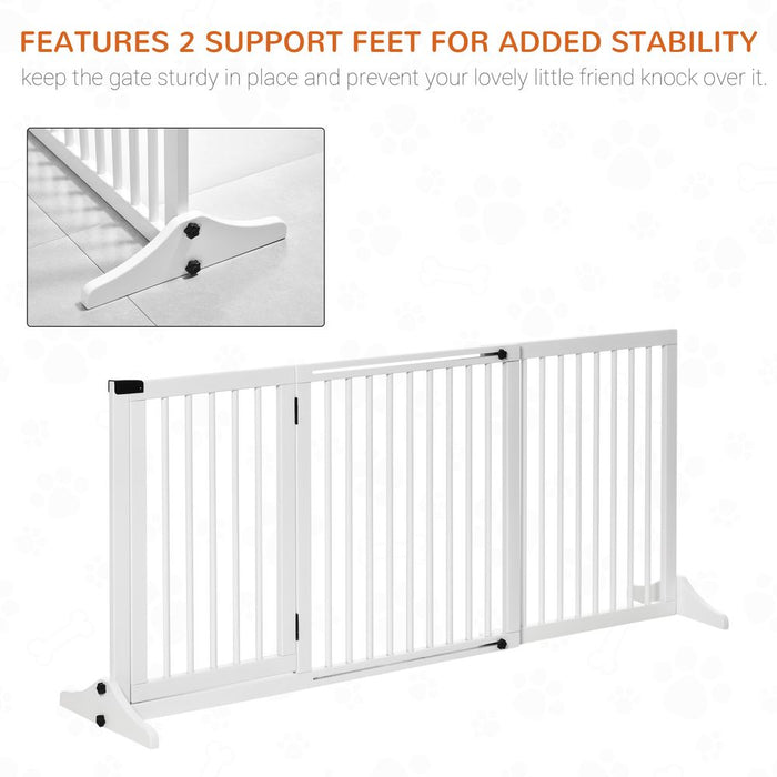 PawHut Adjustable Wooden Pet Gate Freestanding Dog Barrier Fence Doorway 3 Panels Safety Gate w/Lockable Door White 71H x 113-166W cm