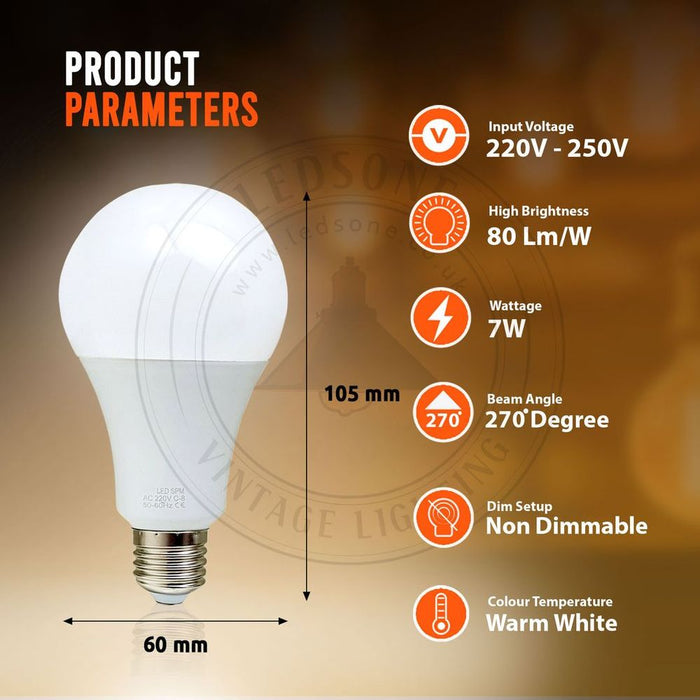 E27 7W Energy Saving Warm White LED Light Bulbs A60 E27 Screw-in non dimmable bulbs