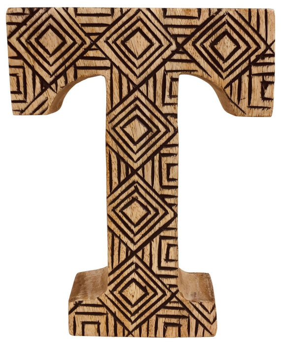 Geometric Wooden Letter T - Hand Carved, Rustic Design - Perfect for Baby's Room, Wedding or Cafe - 14.5cm