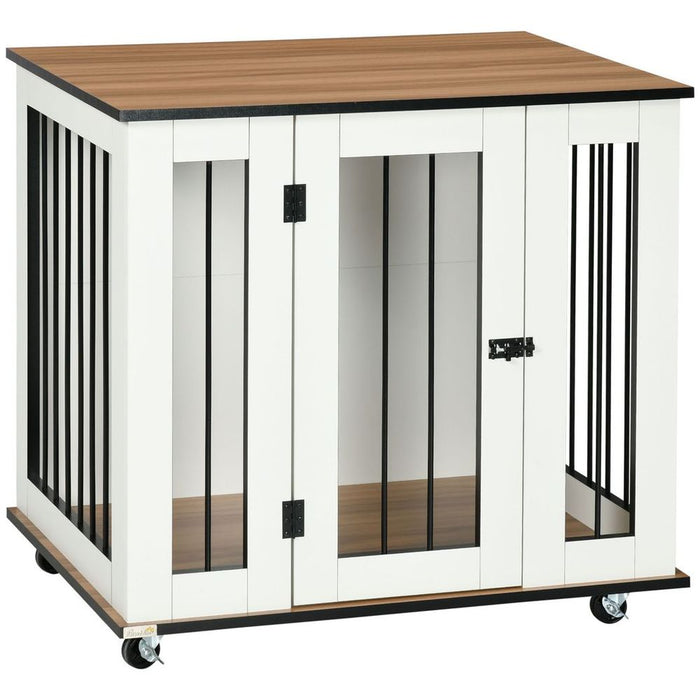 Stylish White Dog Crate Furniture w/ Wheel - 80 x 60 x 76.5cm - Perfect for Medium Dogs - Multipurpose Side Table & Safe Haven