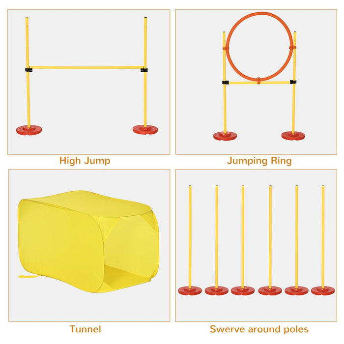 PawHut Portable Pet Agility Training Obstacle Set for Dogs w/Adjustable High Jumping Pole, Jumping Ring, Turnstile poles, Tunnel