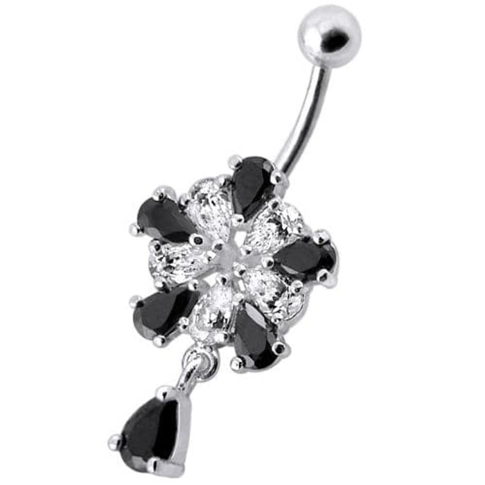 Jeweled Fancy Silver Flower Dangling Banana Bar Navel Belly Ring