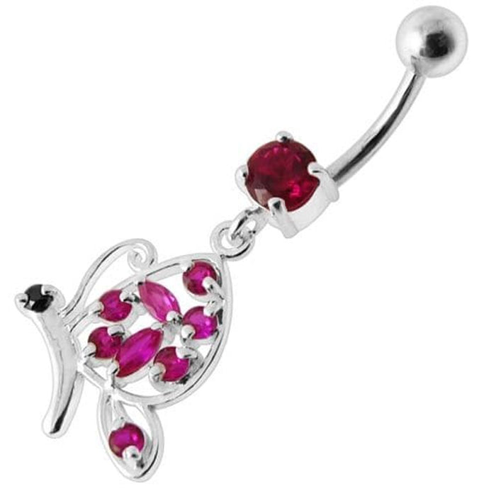 Fancy Butterfly Jeweled Silver Dangling Belly Ring