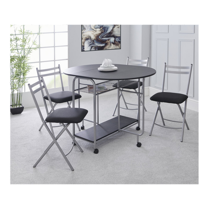 Stowaway 4 seat dining set - black/silver. Space-saving design. Drop-down panels, foldable chairs. Easy to move. Sturdy steel and MDF construction.