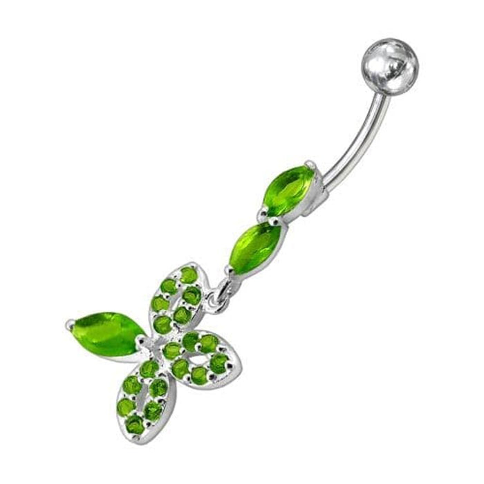 Fancy Silver Dangling Jeweled SS Curved Belly Ring