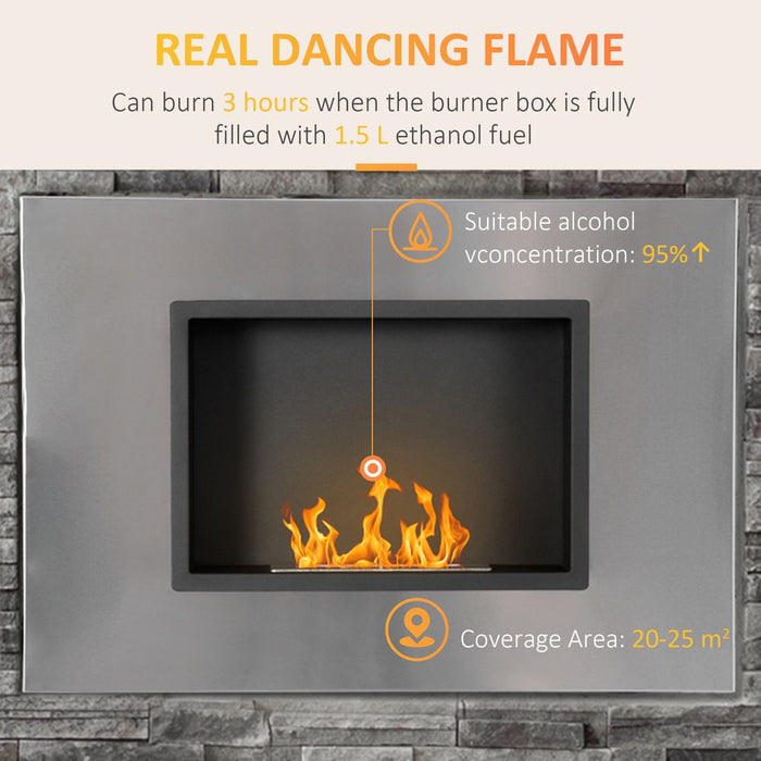 Wall Mounted Ethanol Fireplace Stainless Steel 1.5L Tank 3h Burning Time Silver