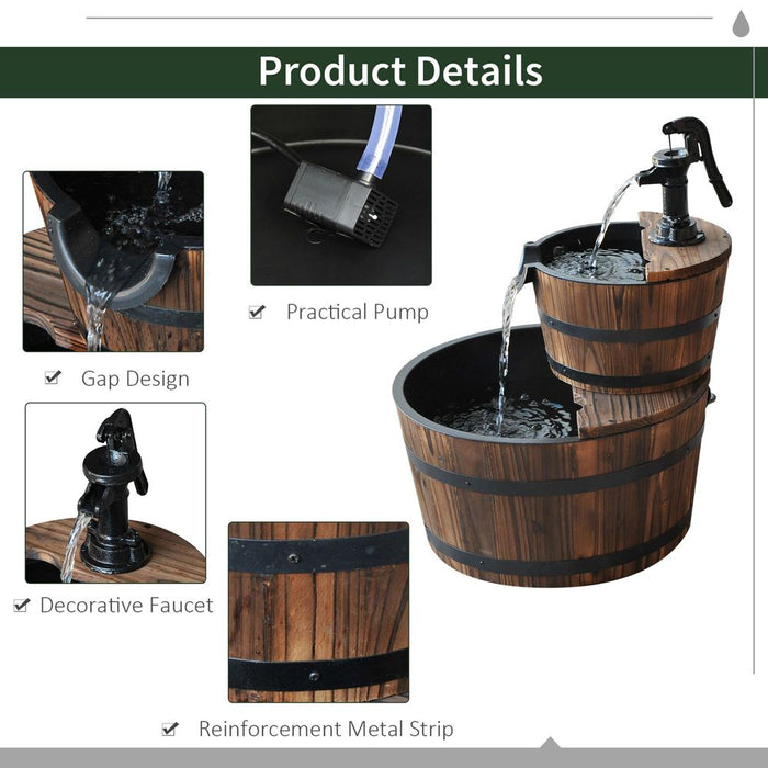 Wooden Water Pump Fountain, 2-Tier, Fir Wood/Steel - Soothing Waterfall Sound - Easy Assembly