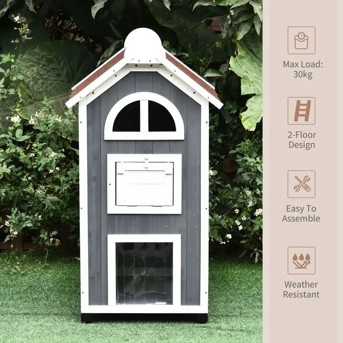 PawHut Wooden Cat House, Weatherproof Pet Shelter, Outdoor Cat Condos Cave, 2 Floor Furniture, Grey and White