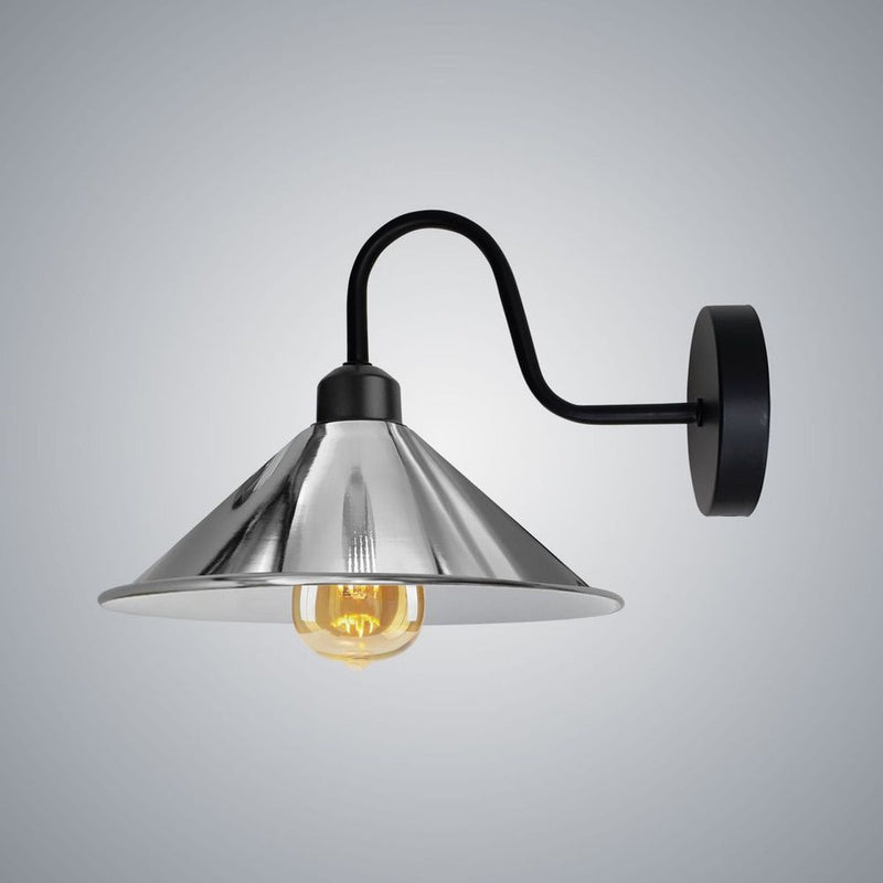 Chrome Wall Light Fixture,Black Wall Sconce E27 Base Socket Screw Type Wall Mounted Swan Neck Cone Shape Shade