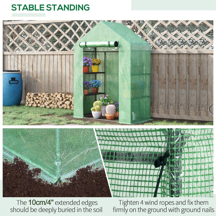 Portable Walk-In Greenhouse: 2-Tier Shelf, Roll-Up Door, PE Cover, 141x72x191cm, Green