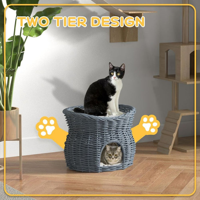 PawHut 2-Tier Elevated Pet Cushion Bed Basket Willow Cat Tree House Condo Kennel