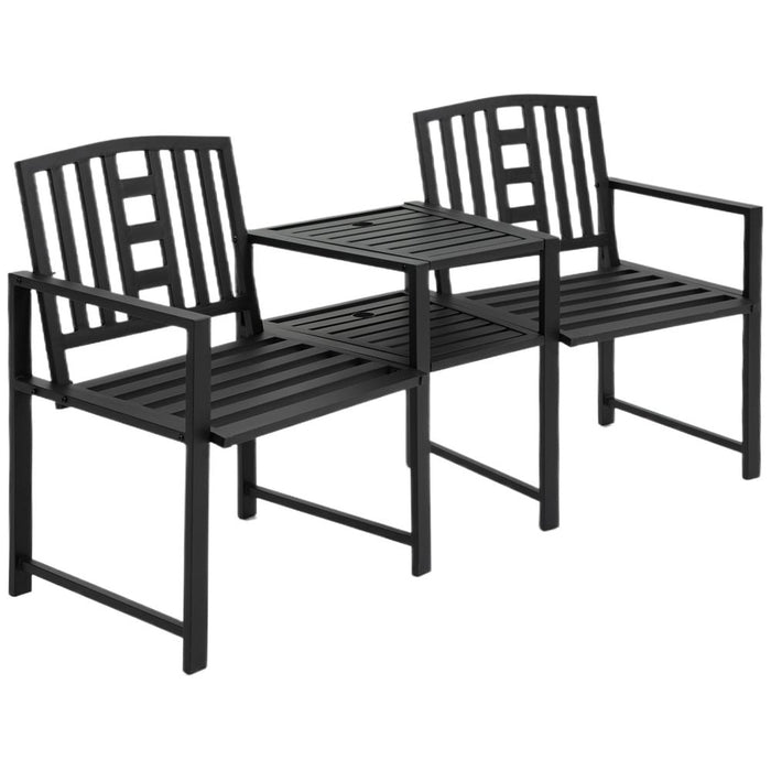 2-Seat Garden Chair Bench Loveseats w/Coffee Table, Slatted Design - Patio Yard