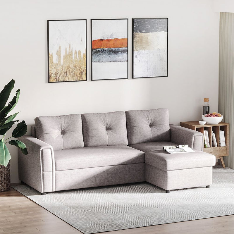 HOMCOM IE Located L-Shaped Sofa Bed Upholstered Reversible Couch with Hidden Storage Sectional Bed Set Sleeper Futon Grey